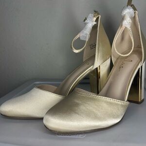 Lulu's Gold Satin Block Heel Ankle-Strap Pumps